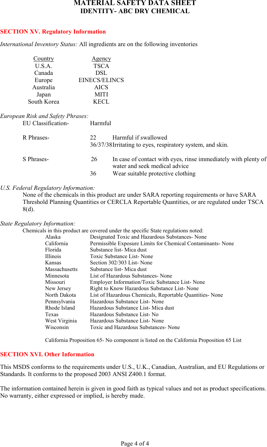 Page 4 of 4 - First-Alert First-Alert-20-A-120-B-C-Commercial-Grade-Msds- SECTION I  First-alert-20-a-120-b-c-commercial-grade-msds