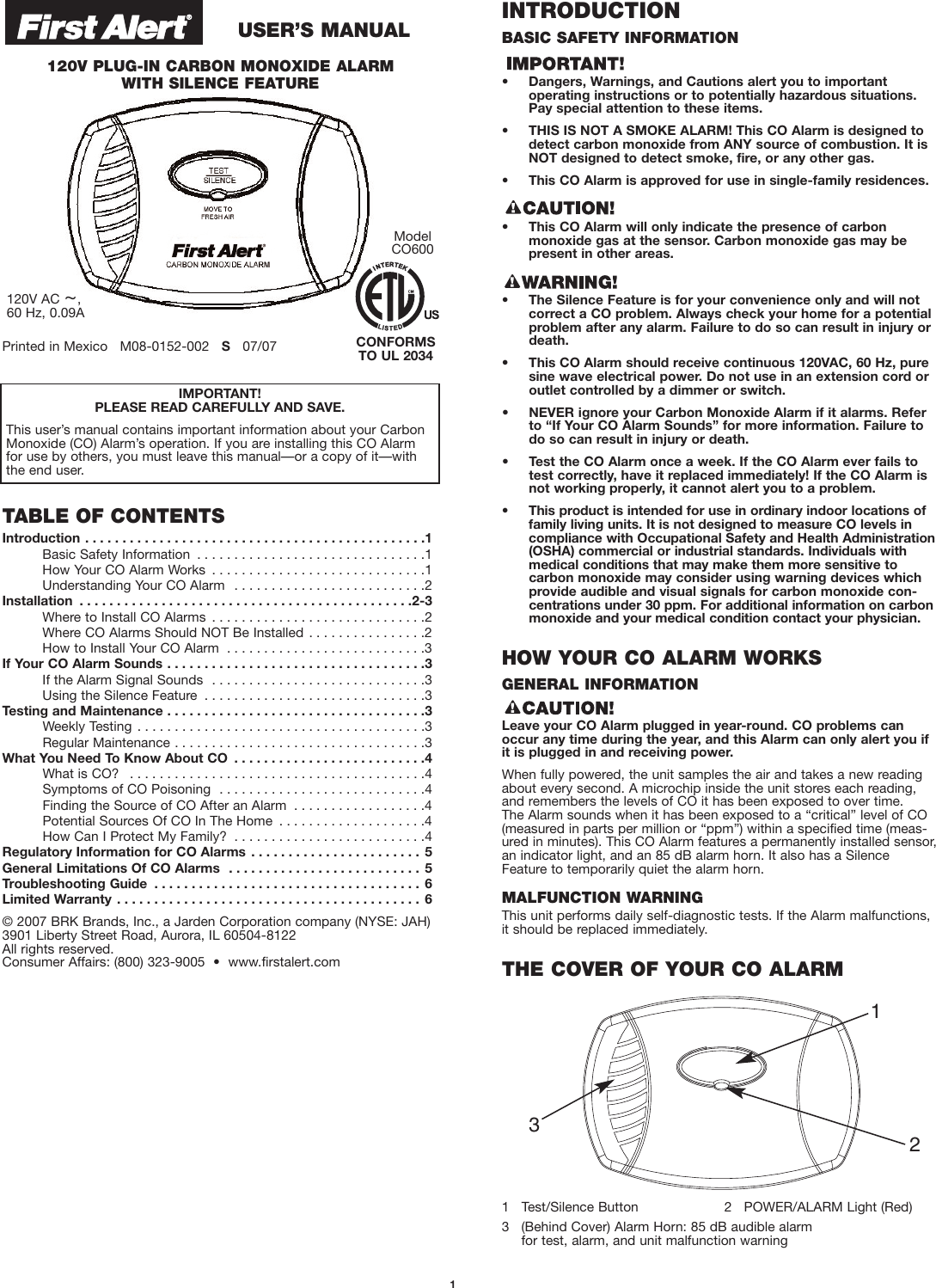 Page 1 of 6 - First-Alert First-Alert-Co600-Users-Manual- M08-0152-002E_CO600p1  First-alert-co600-users-manual