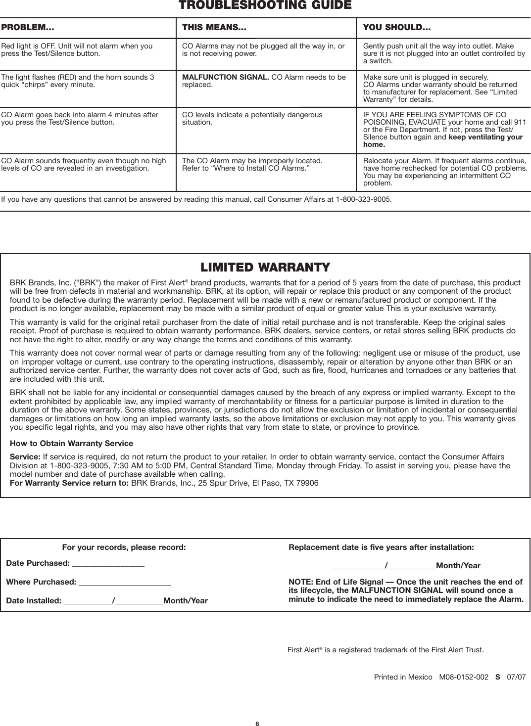 Page 6 of 6 - First-Alert First-Alert-Co600-Users-Manual- M08-0152-002E_CO600p1  First-alert-co600-users-manual