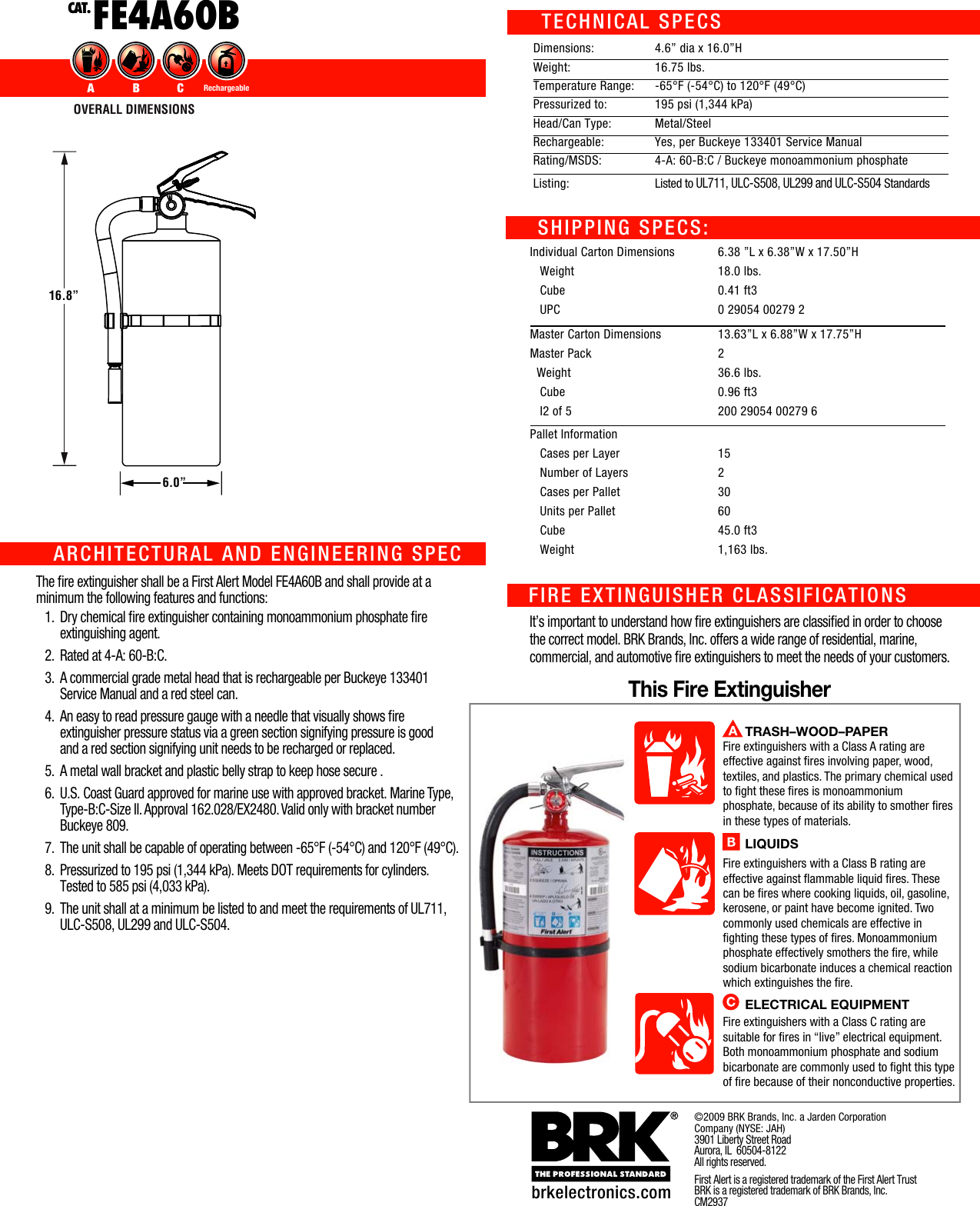 Page 2 of 2 - First-Alert First-Alert-Fe4A60B-Users-Manual- Spec Sheet FE4A60  First-alert-fe4a60b-users-manual