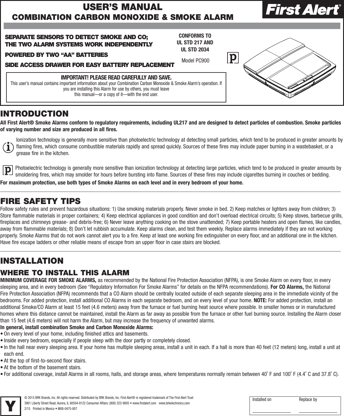 Page 1 of 10 - First-Alert First-Alert-Low-Profile-Combination-Smoke-And-Carbon-Monoxide-Alarm-Users-Manual-  First-alert-low-profile-combination-smoke-and-carbon-monoxide-alarm-users-manual