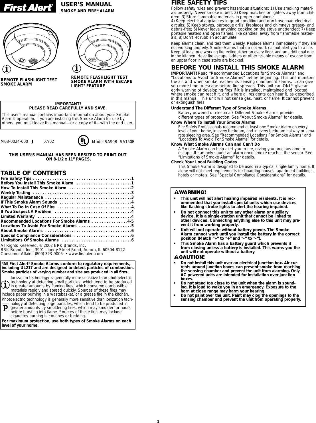 Page 1 of 6 - First-Alert First-Alert-Sa150B-Users-Manual- M08_0024_000_EWEB(SA90/150CN)  First-alert-sa150b-users-manual