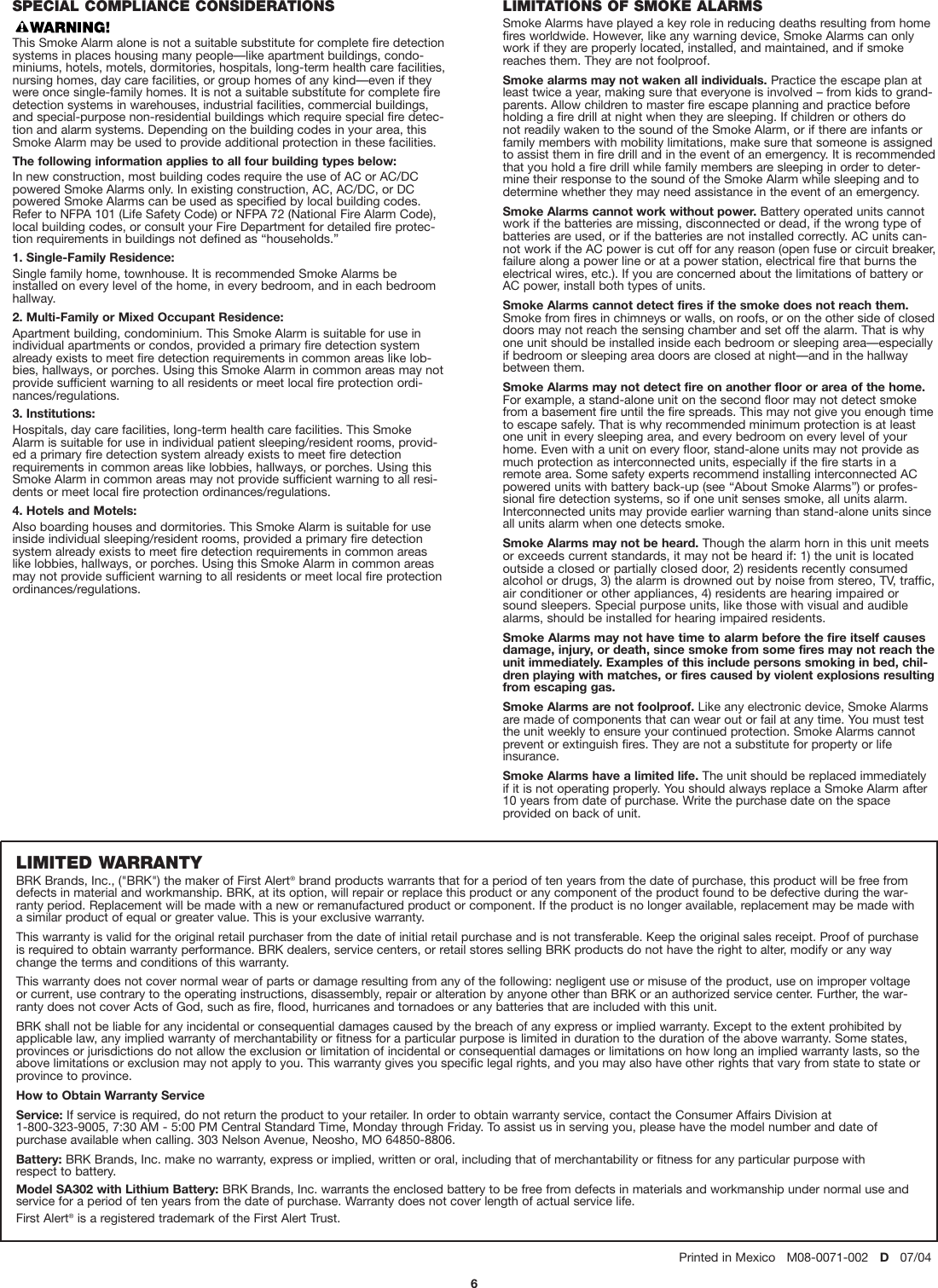Page 6 of 6 - First-Alert First-Alert-Sa302-Users-Manual- M08_0071_001_E (SA302_HD)WEB  First-alert-sa302-users-manual