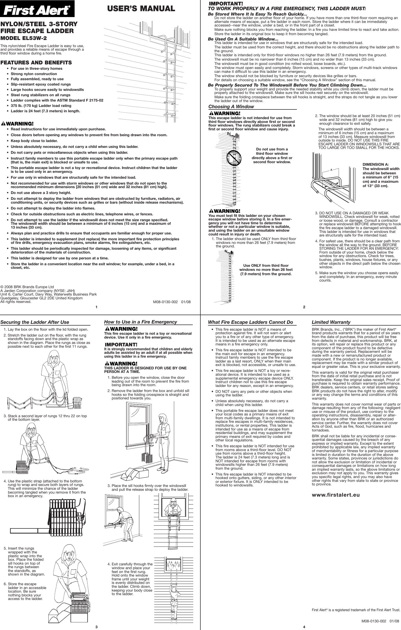 First Alert Two Story Fire Escape Ladder Users Manual EL53W 2