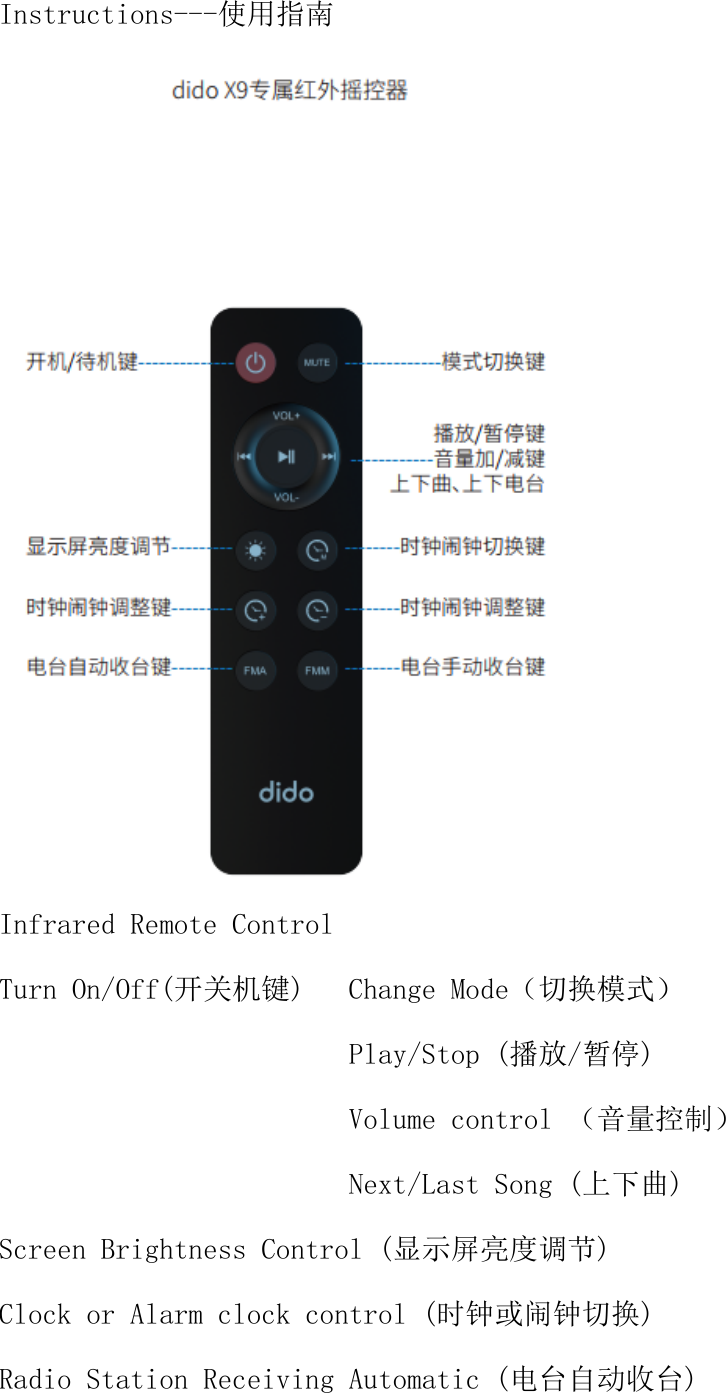 Instructions---使用指南  Infrared Remote Control Turn On/Off(开关机键)   Change Mode（切换模式）                         Play/Stop (播放/暂停)                         Volume control （音量控制）                         Next/Last Song (上下曲) Screen Brightness Control (显示屏亮度调节) Clock or Alarm clock control (时钟或闹钟切换) Radio Station Receiving Automatic (电台自动收台) 