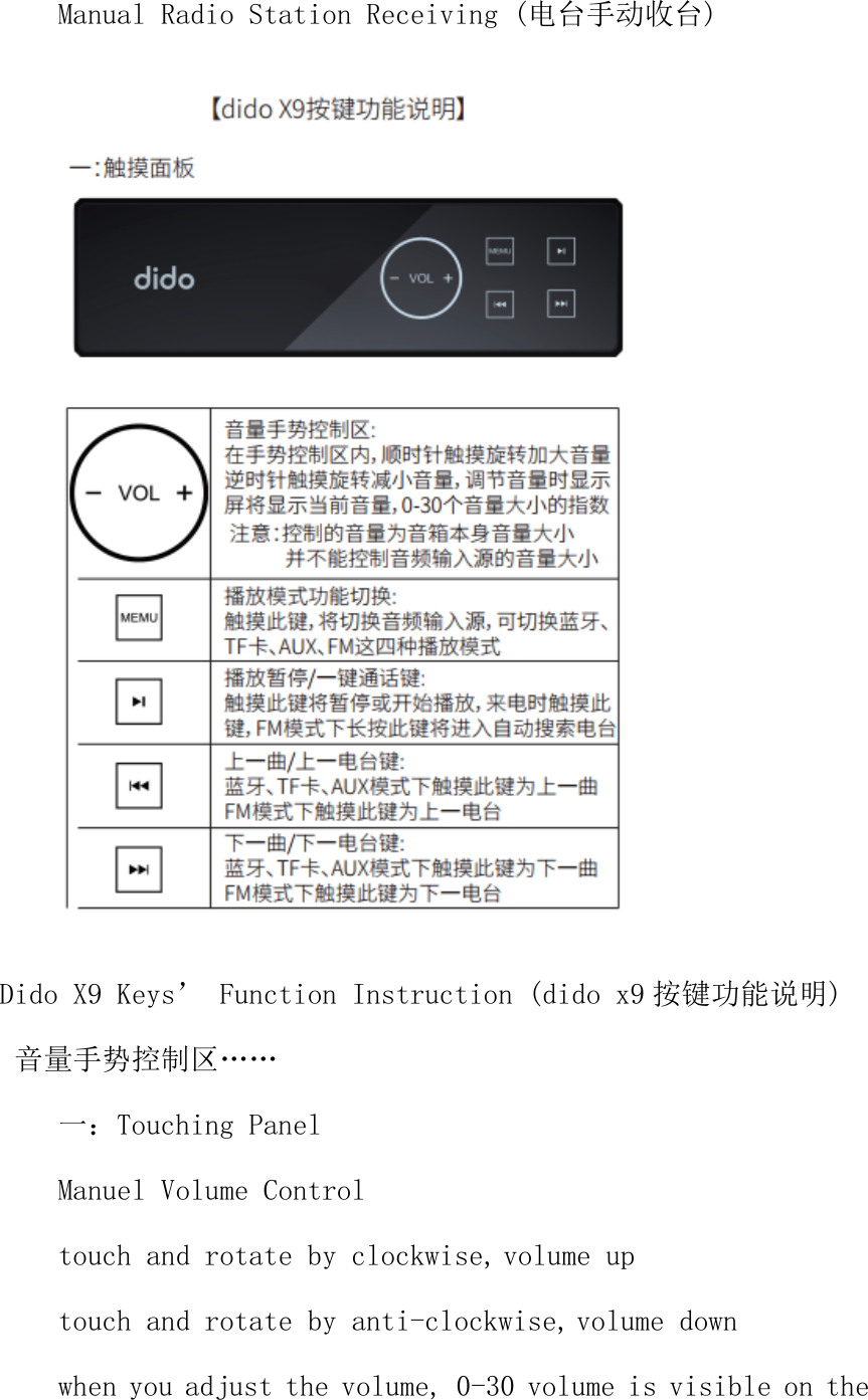 Manual Radio Station Receiving (电台手动收台)  Dido X9 Keys&rsquo; Function Instruction (dido x9 按键功能说明)  音量手势控制区&hellip;&hellip; 一：Touching Panel Manuel Volume Control  touch and rotate by clockwise,volume up touch and rotate by anti-clockwise,volume down when you adjust the volume, 0-30 volume is visible on the 
