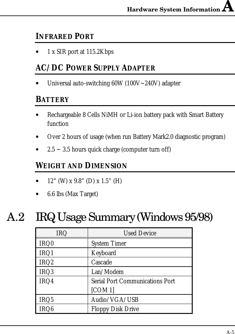 Hardware System Information AA-5INFRARED PORT• 1 x SIR port at 115.2KbpsAC/DC POWER SUPPLY ADAPTER• Universal auto-switching 60W (100V~240V) adapterBATTERY• Rechargeable 8 Cells NiMH or Li-ion battery pack with Smart Batteryfunction• Over 2 hours of usage (when run Battery Mark2.0 diagnostic program)• 2.5 ~ 3.5 hours quick charge (computer turn off)WEIGHT AND DIMENSION• 12” (W) x 9.8” (D) x 1.5” (H)• 6.6 lbs (Max Target)A.2 IRQ Usage Summary (Windows 95/98)IRQ Used DeviceIRQ0 System TimerIRQ1 KeyboardIRQ2 CascadeIRQ3 Lan/ModemIRQ4 Serial Port Communications Port[COM 1]IRQ5 Audio/VGA/USBIRQ6 Floppy Disk Drive