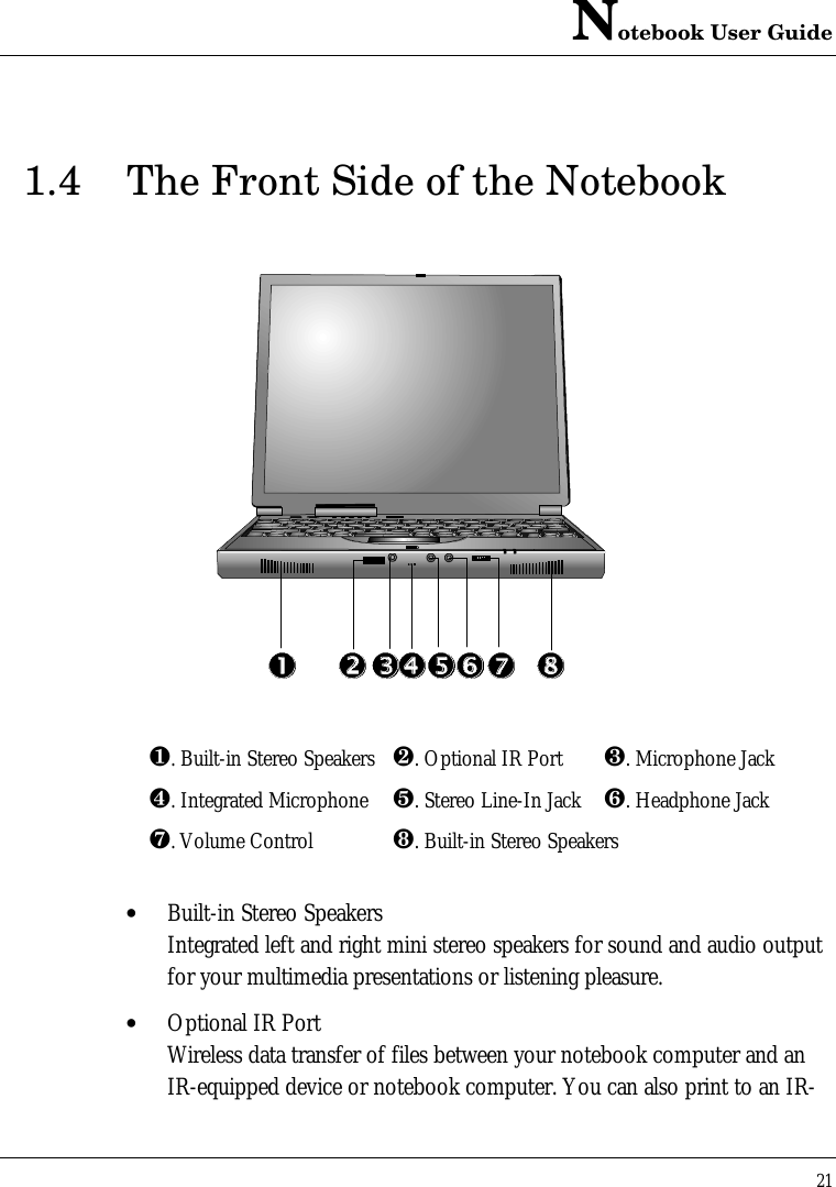 Notebook User Guide211.4 The Front Side of the Notebook¶. Built-in Stereo Speakers ·. Optional IR Port ¸. Microphone Jack¹. Integrated Microphone º. Stereo Line-In Jack ». Headphone Jack¼. Volume Control ½. Built-in Stereo Speakers• Built-in Stereo SpeakersIntegrated left and right mini stereo speakers for sound and audio outputfor your multimedia presentations or listening pleasure.• Optional IR PortWireless data transfer of files between your notebook computer and anIR-equipped device or notebook computer. You can also print to an IR-