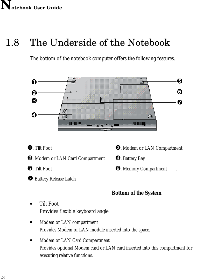 Notebook User Guide281.8 The Underside of the NotebookThe bottom of the notebook computer offers the following features.¶. Tilt Foot ·. Modem or LAN Compartment¸. Modem or LAN Card Compartment ¹. Battery Bayº. Tilt Foot ». Memory Compartment .’ Battery Release LatchBottom of the System• Tilt FootProvides flexible keyboard angle.• Modem or LAN compartmentProvides Modem or LAN module inserted into the space.• Modem or LAN Card CompartmentProvides optional Modem card or LAN card inserted into this compartment forexecuting relative functions.