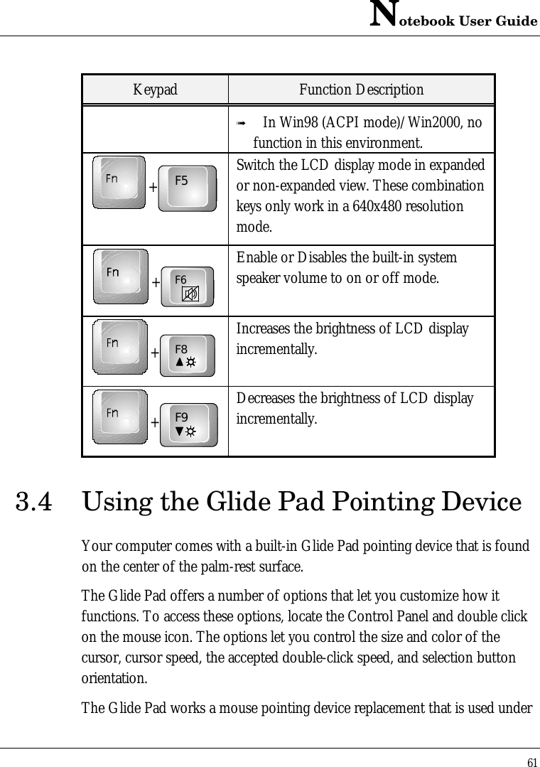 Notebook User Guide61Keypad Function Descriptionß In Win98 (ACPI mode)/Win2000, nofunction in this environment.+F5Switch the LCD display mode in expandedor non-expanded view. These combinationkeys only work in a 640x480 resolutionmode.+F6Enable or Disables the built-in systemspeaker volume to on or off mode.+F8Increases the brightness of LCD displayincrementally.+F9Decreases the brightness of LCD displayincrementally.3.4 Using the Glide Pad Pointing DeviceYour computer comes with a built-in Glide Pad pointing device that is foundon the center of the palm-rest surface.The Glide Pad offers a number of options that let you customize how itfunctions. To access these options, locate the Control Panel and double clickon the mouse icon. The options let you control the size and color of thecursor, cursor speed, the accepted double-click speed, and selection buttonorientation.The Glide Pad works a mouse pointing device replacement that is used under