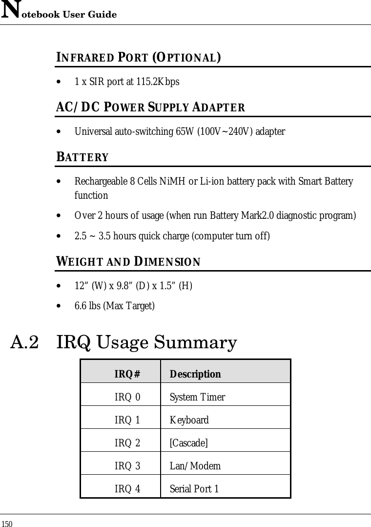 Notebook User Guide150INFRARED PORT (OPTIONAL)• 1 x SIR port at 115.2KbpsAC/DC POWER SUPPLY ADAPTER• Universal auto-switching 65W (100V~240V) adapterBATTERY• Rechargeable 8 Cells NiMH or Li-ion battery pack with Smart Batteryfunction• Over 2 hours of usage (when run Battery Mark2.0 diagnostic program)• 2.5 ~ 3.5 hours quick charge (computer turn off)WEIGHT AND DIMENSION• 12” (W) x 9.8” (D) x 1.5” (H)• 6.6 lbs (Max Target)A.2 IRQ Usage SummaryIRQ# DescriptionIRQ 0 System TimerIRQ 1 KeyboardIRQ 2 [Cascade]IRQ 3 Lan/ModemIRQ 4 Serial Port 1