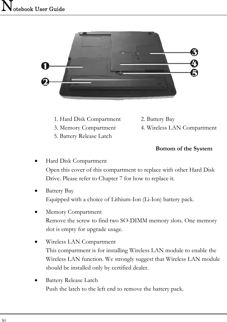Notebook User Guide 30   1. Hard Disk Compartment  2. Battery Bay 3. Memory Compartment  4. Wireless LAN Compartment 5. Battery Release Latch   Bottom of the System • Hard Disk Compartment Open this cover of this compartment to replace with other Hard Disk Drive. Please refer to Chapter 7 for how to replace it. • Battery Bay Equipped with a choice of Lithium-Ion (Li-Ion) battery pack. • Memory Compartment Remove the screw to find two SO-DIMM memory slots. One memory slot is empty for upgrade usage. • Wireless LAN Compartment This compartment is for installing Wireless LAN module to enable the Wireless LAN function. We strongly suggest that Wireless LAN module should be installed only by certified dealer. • Battery Release Latch Push the latch to the left end to remove the battery pack. 