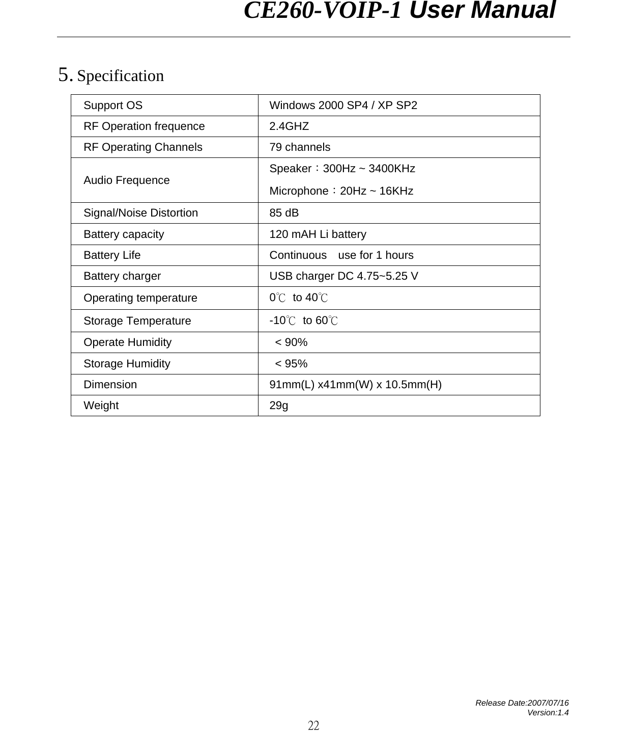                CE260-VOIP-1 User Manual   Release Date:2007/07/16 Version:1.4 22 5. Specification Support OS  Windows 2000 SP4 / XP SP2   RF Operation frequence  2.4GHZ RF Operating Channels  79 channels Audio Frequence  Speaker：300Hz ~ 3400KHz Microphone：20Hz ~ 16KHz Signal/Noise Distortion  85 dB Battery capacity  120 mAH Li battery Battery Life  Continuous    use for 1 hours Battery charger  USB charger DC 4.75~5.25 V Operating temperature    0℃ to 40℃ Storage Temperature  -10℃ to 60℃ Operate Humidity    &lt; 90% Storage Humidity    &lt; 95% Dimension  91mm(L) x41mm(W) x 10.5mm(H) Weight 29g   