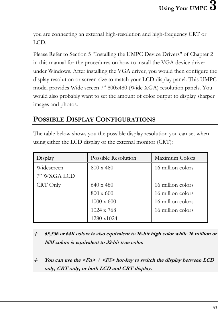 Using Your UMPC 3 53  you are connecting an external high-resolution and high-frequency CRT or LCD. Please Refer to Section 5 &quot;Installing the UMPC Device Drivers&quot; of Chapter 2 in this manual for the procedures on how to install the VGA device driver under Windows. After installing the VGA driver, you would then configure the display resolution or screen size to match your LCD display panel. This UMPC model provides Wide screen 7” 800x480 (Wide XGA) resolution panels. You would also probably want to set the amount of color output to display sharper images and photos. POSSIBLE DISPLAY CONFIGURATIONS The table below shows you the possible display resolution you can set when using either the LCD display or the external monitor (CRT):  Display  Possible Resolution  Maximum Colors Widescreen 7” WXGA LCD 800 x 480  16 million colors CRT Only  640 x 480 800 x 600 1000 x 600 1024 x 768 1280 x1024 16 million colors 16 million colors 16 million colors 16 million colors + 65,536 or 64K colors is also equivalent to 16-bit high color while 16 million or 16M colors is equivalent to 32-bit true color. + You can use the &lt;Fn&gt; + &lt;F3&gt; hot-key to switch the display between LCD only, CRT only, or both LCD and CRT display. 