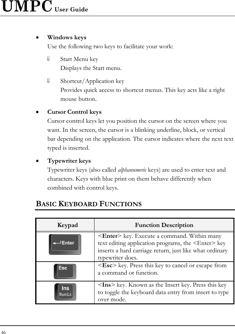 UMPC User Guide 46  • Windows keys Use the following two keys to facilitate your work:  ⇓ Start Menu key Displays the Start menu. ⇓ Shortcut/Application key Provides quick access to shortcut menus. This key acts like a right mouse button. • Cursor Control keys Cursor control keys let you position the cursor on the screen where you want. In the screen, the cursor is a blinking underline, block, or vertical bar depending on the application. The cursor indicates where the next text typed is inserted. • Typewriter keys Typewriter keys (also called alphanumeric keys) are used to enter text and characters. Keys with blue print on them behave differently when combined with control keys. BASIC KEYBOARD FUNCTIONS  Keypad  Function Description  &lt;Enter&gt; key. Execute a command. Within many text editing application programs, the &lt;Enter&gt; key inserts a hard carriage return, just like what ordinary typewriter does.  &lt;Esc&gt; key. Press this key to cancel or escape from a command or function.  &lt;Ins&gt; key. Known as the Insert key. Press this key to toggle the keyboard data entry from insert to type over mode. 