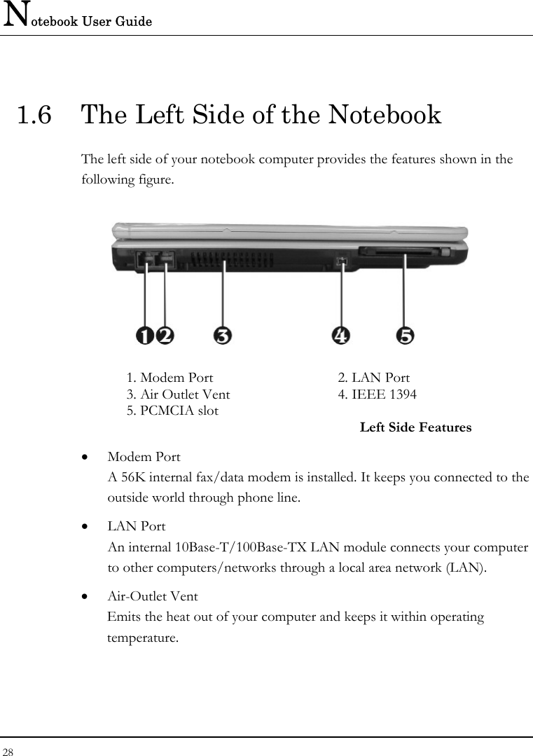 Notebook User Guide 28  1.6  The Left Side of the Notebook The left side of your notebook computer provides the features shown in the following figure.    1. Modem Port   2. LAN Port  3. Air Outlet Vent  4. IEEE 1394 5. PCMCIA slot    Left Side Features • Modem Port A 56K internal fax/data modem is installed. It keeps you connected to the outside world through phone line.  • LAN Port An internal 10Base-T/100Base-TX LAN module connects your computer to other computers/networks through a local area network (LAN). • Air-Outlet Vent Emits the heat out of your computer and keeps it within operating temperature. 