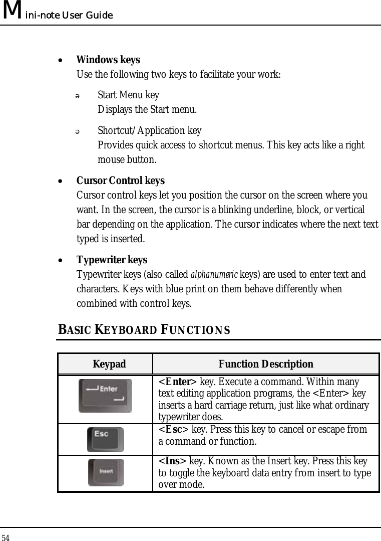 Mini-note User Guide 54  • Windows keys Use the following two keys to facilitate your work:   Start Menu key Displays the Start menu.  Shortcut/Application key Provides quick access to shortcut menus. This key acts like a right mouse button. • Cursor Control keys Cursor control keys let you position the cursor on the screen where you want. In the screen, the cursor is a blinking underline, block, or vertical bar depending on the application. The cursor indicates where the next text typed is inserted. • Typewriter keys Typewriter keys (also called alphanumeric keys) are used to enter text and characters. Keys with blue print on them behave differently when combined with control keys. BASIC KEYBOARD FUNCTIONS  Keypad  Function Description  &lt;Enter&gt; key. Execute a command. Within many text editing application programs, the &lt;Enter&gt; key inserts a hard carriage return, just like what ordinary typewriter does.  &lt;Esc&gt; key. Press this key to cancel or escape from a command or function.  &lt;Ins&gt; key. Known as the Insert key. Press this key to toggle the keyboard data entry from insert to type over mode. 