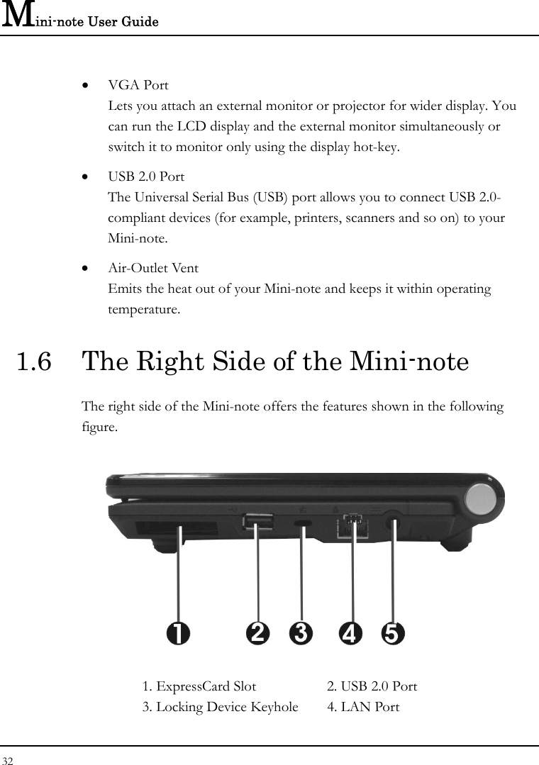 Mini-note User Guide 32  • VGA Port Lets you attach an external monitor or projector for wider display. You can run the LCD display and the external monitor simultaneously or switch it to monitor only using the display hot-key. • USB 2.0 Port  The Universal Serial Bus (USB) port allows you to connect USB 2.0-compliant devices (for example, printers, scanners and so on) to your Mini-note. • Air-Outlet Vent Emits the heat out of your Mini-note and keeps it within operating temperature. 1.6  The Right Side of the Mini-note The right side of the Mini-note offers the features shown in the following figure.    1. ExpressCard Slot   2. USB 2.0 Port 3. Locking Device Keyhole  4. LAN Port  