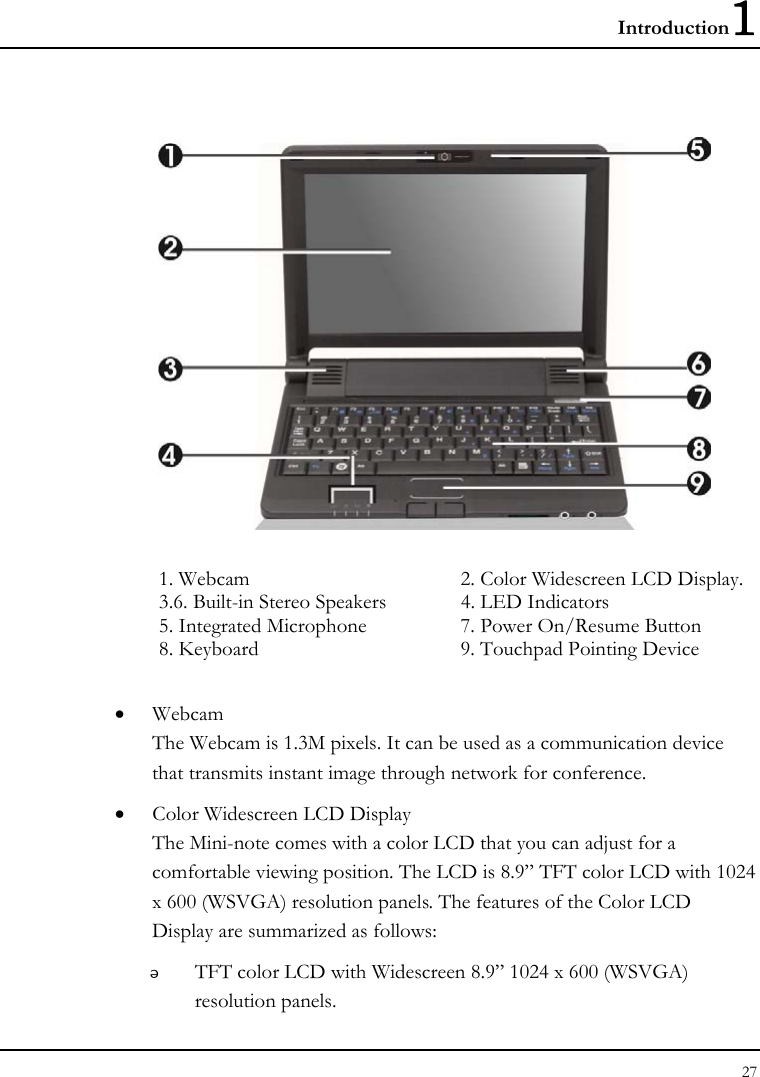 Introduction1 27   1. Webcam  2. Color Widescreen LCD Display.   3.6. Built-in Stereo Speakers  4. LED Indicators  5. Integrated Microphone  7. Power On/Resume Button  8. Keyboard   9. Touchpad Pointing Device  • Webcam The Webcam is 1.3M pixels. It can be used as a communication device that transmits instant image through network for conference. • Color Widescreen LCD Display The Mini-note comes with a color LCD that you can adjust for a comfortable viewing position. The LCD is 8.9” TFT color LCD with 1024 x 600 (WSVGA) resolution panels. The features of the Color LCD Display are summarized as follows:  TFT color LCD with Widescreen 8.9” 1024 x 600 (WSVGA) resolution panels.   