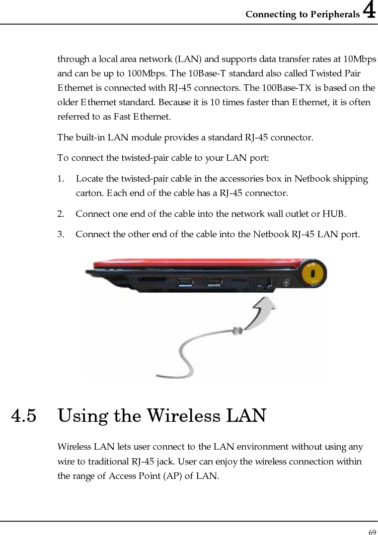 Connecting to Peripherals 4 69  through a local area network (LAN) and supports data transfer rates at 10Mbps and can be up to 100Mbps. The 10Base-T standard also called Twisted Pair Ethernet is connected with RJ-45 connectors. The 100Base-TX is based on the older Ethernet standard. Because it is 10 times faster than Ethernet, it is often referred to as Fast Ethernet. The built-in LAN module provides a standard RJ-45 connector.  To connect the twisted-pair cable to your LAN port: 1. Locate the twisted-pair cable in the accessories box in Netbook shipping carton. Each end of the cable has a RJ-45 connector. 2. Connect one end of the cable into the network wall outlet or HUB. 3. Connect the other end of the cable into the Netbook RJ-45 LAN port.  4.5  Using the Wireless LAN Wireless LAN lets user connect to the LAN environment without using any wire to traditional RJ-45 jack. User can enjoy the wireless connection within the range of Access Point (AP) of LAN.  