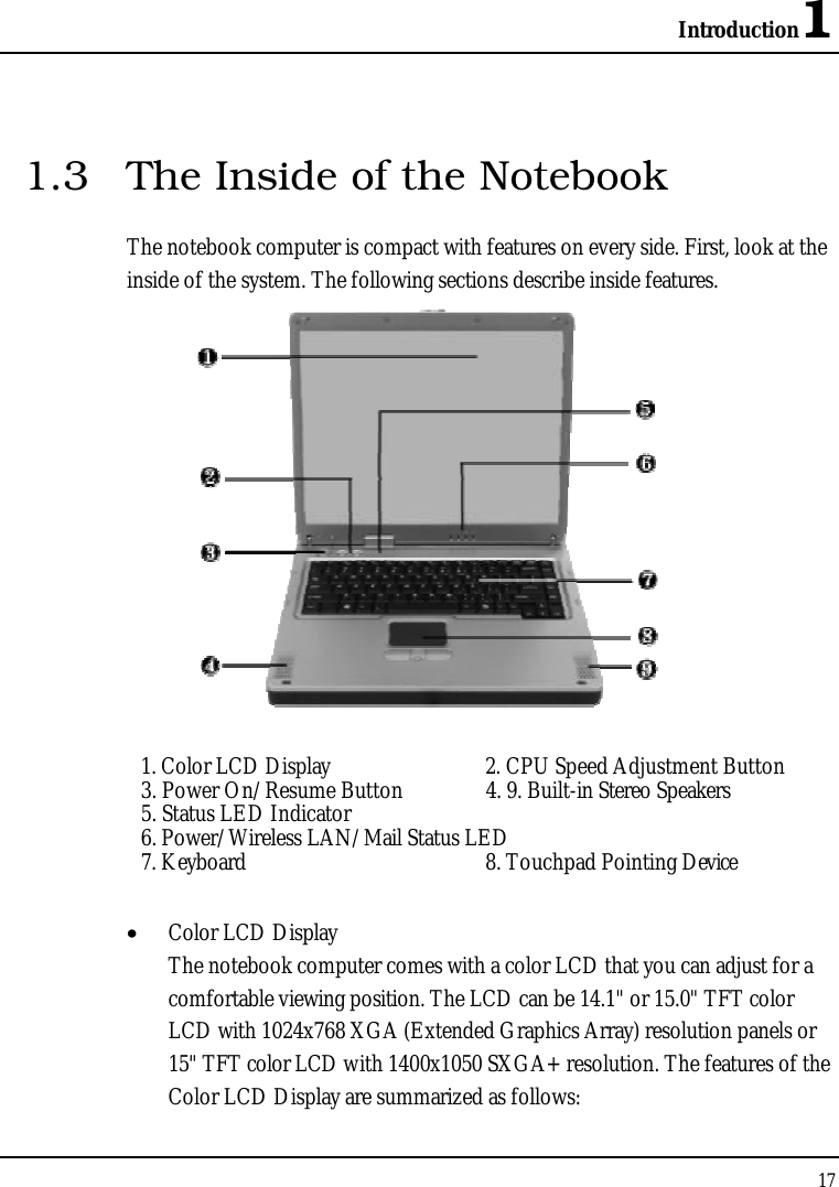 Introduction1171.3 The Inside of the NotebookThe notebook computer is compact with features on every side. First, look at the inside of the system. The following sections describe inside features.1. Color LCD Display 2. CPU Speed Adjustment Button3. Power On/Resume Button 4. 9. Built-in Stereo Speakers5. Status LED Indicator6. Power/Wireless LAN/Mail Status LED7. Keyboard 8. Touchpad Pointing Device•  Color LCD DisplayThe notebook computer comes with a color LCD that you can adjust for a comfortable viewing position. The LCD can be 14.1&quot; or 15.0&quot; TFT color LCD with 1024x768 XGA (Extended Graphics Array) resolution panels or 15&quot; TFT color LCD with 1400x1050 SXGA+ resolution. The features of the Color LCD Display are summarized as follows: