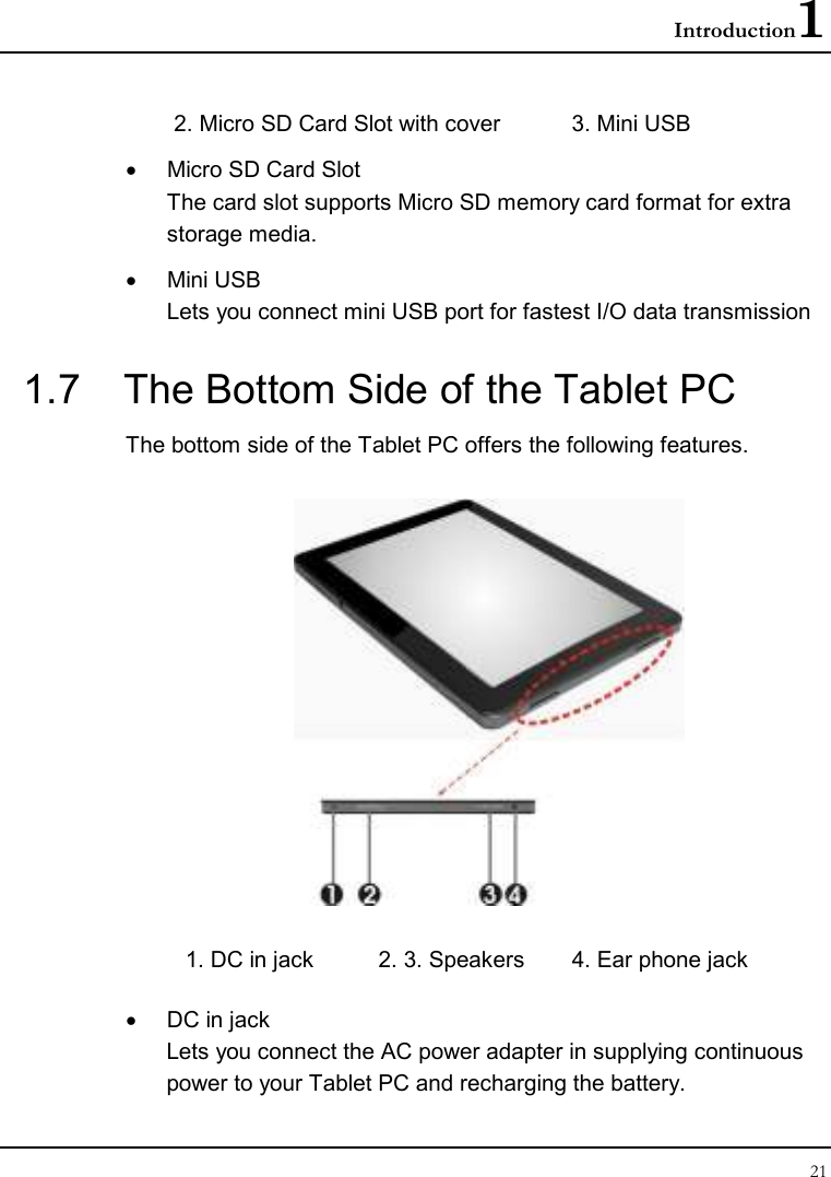 Introduction1 21  2. Micro SD Card Slot with cover   3. Mini USB  •  Micro SD Card Slot  The card slot supports Micro SD memory card format for extra storage media. •  Mini USB Lets you connect mini USB port for fastest I/O data transmission 1.7  The Bottom Side of the Tablet PC The bottom side of the Tablet PC offers the following features.  1. DC in jack   2. 3. Speakers   4. Ear phone jack  •  DC in jack Lets you connect the AC power adapter in supplying continuous power to your Tablet PC and recharging the battery. 