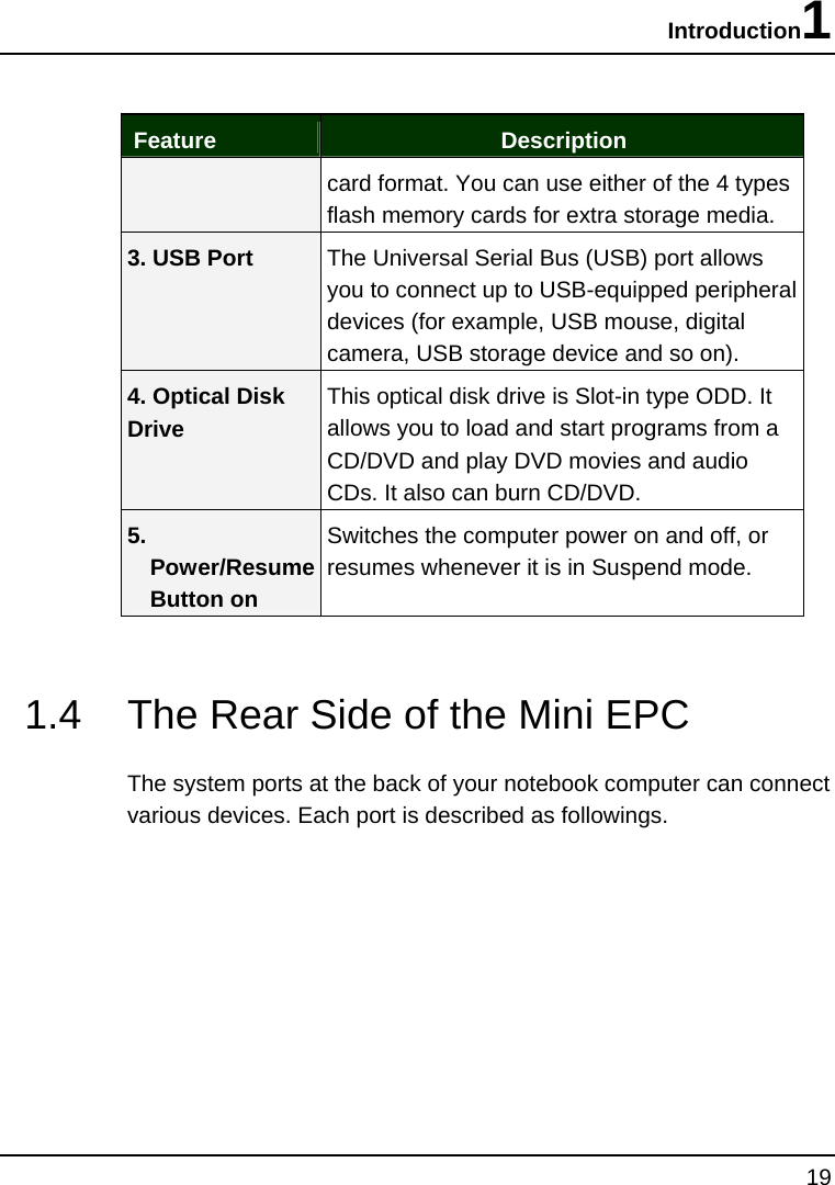 Introduction1 19   Feature  Description card format. You can use either of the 4 types flash memory cards for extra storage media.  3. USB Port  The Universal Serial Bus (USB) port allows you to connect up to USB-equipped peripheral devices (for example, USB mouse, digital camera, USB storage device and so on). 4. Optical Disk Drive  This optical disk drive is Slot-in type ODD. It allows you to load and start programs from a CD/DVD and play DVD movies and audio CDs. It also can burn CD/DVD. 5. Power/Resume Button on Switches the computer power on and off, or resumes whenever it is in Suspend mode.  1.4  The Rear Side of the Mini EPC The system ports at the back of your notebook computer can connect various devices. Each port is described as followings.  