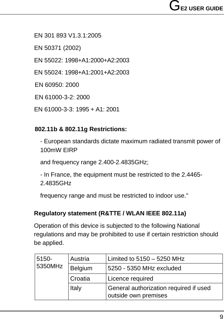 GE2 USER GUIDE 9  EN 301 893 V1.3.1:2005 EN 50371 (2002) EN 55022: 1998+A1:2000+A2:2003 EN 55024: 1998+A1:2001+A2:2003 EN 60950: 2000 EN 61000-3-2: 2000 EN 61000-3-3: 1995 + A1: 2001 802.11b &amp; 802.11g Restrictions: - European standards dictate maximum radiated transmit power of 100mW EIRP and frequency range 2.400-2.4835GHz; - In France, the equipment must be restricted to the 2.4465-2.4835GHz frequency range and must be restricted to indoor use.&quot; Regulatory statement (R&amp;TTE / WLAN IEEE 802.11a)   Operation of this device is subjected to the following National regulations and may be prohibited to use if certain restriction should be applied.   Austria  Limited to 5150 – 5250 MHz Belgium  5250 - 5350 MHz excluded Croatia   Licence required 5150-5350MHz Italy  General authorization required if used outside own premises 