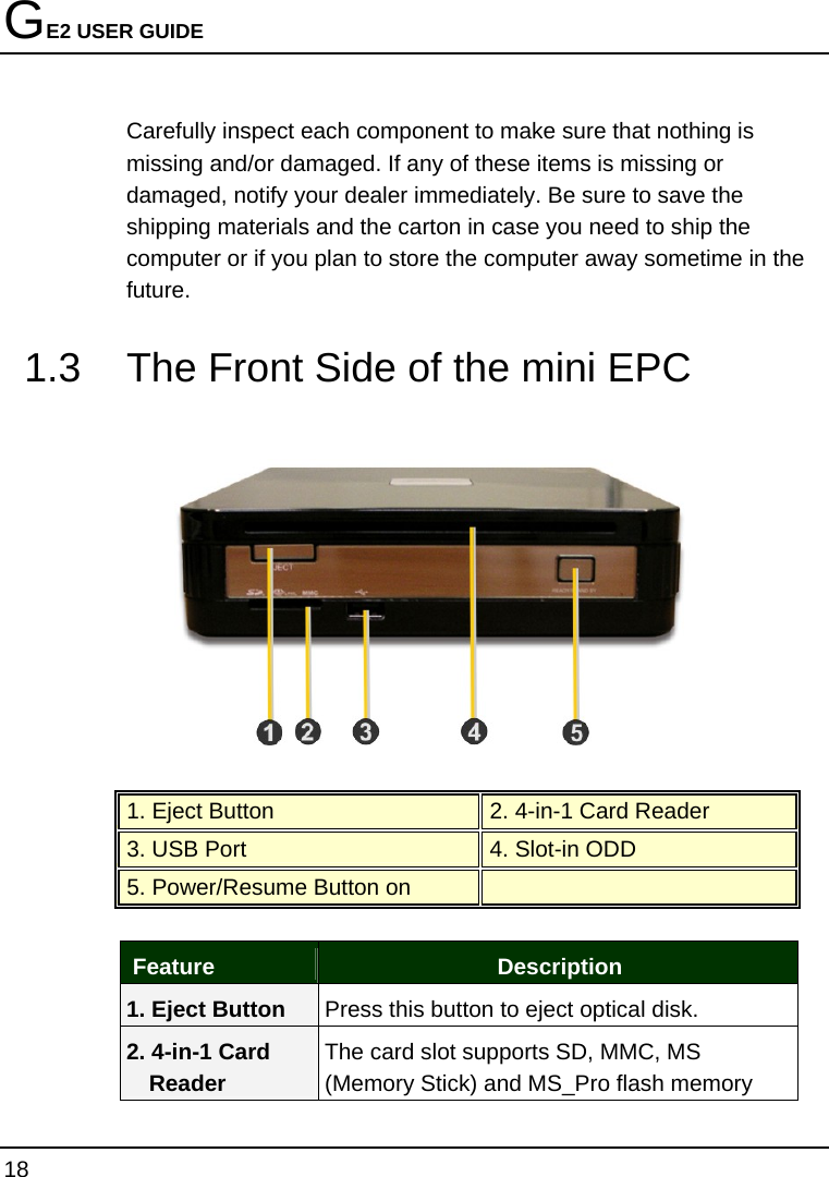 GE2 USER GUIDE 18  Carefully inspect each component to make sure that nothing is missing and/or damaged. If any of these items is missing or damaged, notify your dealer immediately. Be sure to save the shipping materials and the carton in case you need to ship the computer or if you plan to store the computer away sometime in the future.  1.3  The Front Side of the mini EPC    1. Eject Button   2. 4-in-1 Card Reader  3. USB Port   4. Slot-in ODD  5. Power/Resume Button on     Feature  Description 1. Eject Button  Press this button to eject optical disk. 2. 4-in-1 Card Reader The card slot supports SD, MMC, MS (Memory Stick) and MS_Pro flash memory 