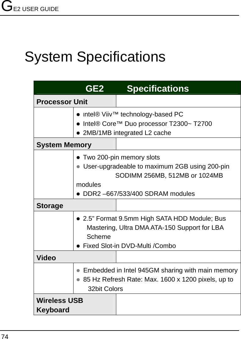 GE2 USER GUIDE 74  System Specifications  GE2         Specifications Processor Unit   z  Intel® Viiv™ technology-based PC z  Intel® Core™ Duo processor T2300~ T2700 z  2MB/1MB integrated L2 cache  System Memory   z  Two 200-pin memory slots   z User-upgradeable to maximum 2GB using 200-pin SODIMM 256MB, 512MB or 1024MB modules    z  DDR2 –667/533/400 SDRAM modules   Storage   z  2.5” Format 9.5mm High SATA HDD Module; Bus Mastering, Ultra DMA ATA-150 Support for LBA Scheme z  Fixed Slot-in DVD-Multi /Combo Video   z Embedded in Intel 945GM sharing with main memory z 85 Hz Refresh Rate: Max. 1600 x 1200 pixels, up to 32bit Colors Wireless USB Keyboard   