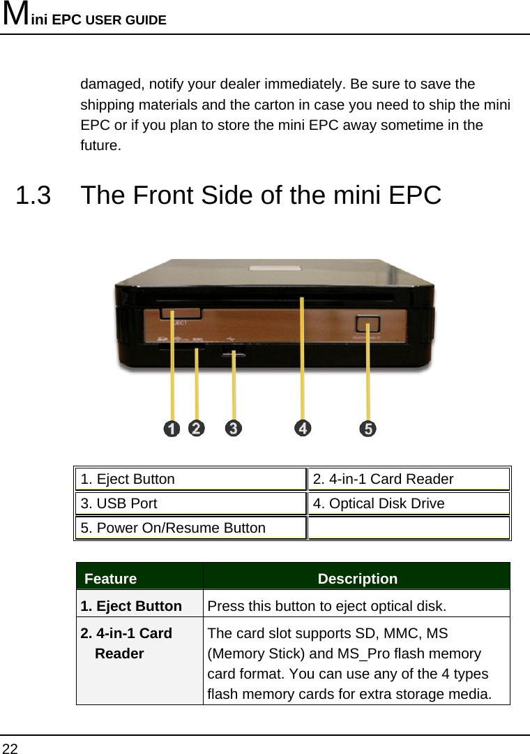 Mini EPC USER GUIDE 22  damaged, notify your dealer immediately. Be sure to save the shipping materials and the carton in case you need to ship the mini EPC or if you plan to store the mini EPC away sometime in the future.  1.3  The Front Side of the mini EPC    1. Eject Button   2. 4-in-1 Card Reader  3. USB Port   4. Optical Disk Drive  5. Power On/Resume Button      Feature  Description 1. Eject Button  Press this button to eject optical disk. 2. 4-in-1 Card Reader The card slot supports SD, MMC, MS (Memory Stick) and MS_Pro flash memory card format. You can use any of the 4 types flash memory cards for extra storage media.  