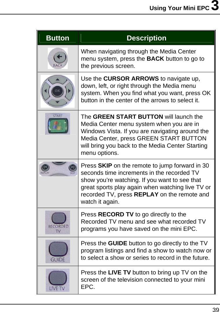 Using Your Mini EPC 3 39  Button  Description  When navigating through the Media Center menu system, press the BACK button to go to the previous screen. Use the CURSOR ARROWS to navigate up, down, left, or right through the Media menu system. When you find what you want, press OK button in the center of the arrows to select it.  The GREEN START BUTTON will launch the Media Center menu system when you are in Windows Vista. If you are navigating around the Media Center, press GREEN START BUTTON will bring you back to the Media Center Starting menu options. Press SKIP on the remote to jump forward in 30 seconds time increments in the recorded TV show you’re watching. If you want to see that great sports play again when watching live TV or recorded TV, press REPLAY on the remote and watch it again.  Press RECORD TV to go directly to the Recorded TV menu and see what recorded TV programs you have saved on the mini EPC.  Press the GUIDE button to go directly to the TV program listings and find a show to watch now or to select a show or series to record in the future.   Press the LIVE TV button to bring up TV on the screen of the television connected to your mini EPC.  
