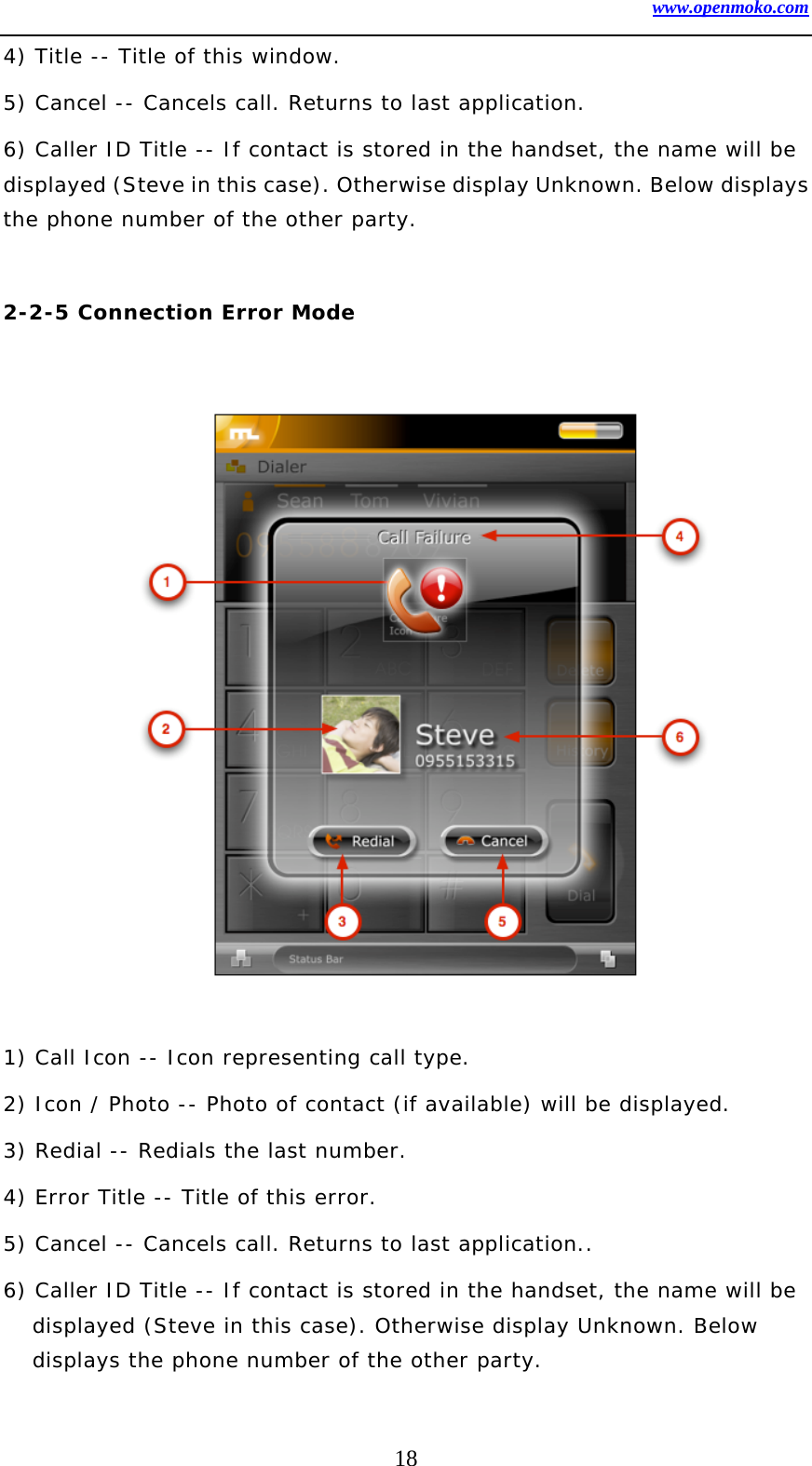 www.openmoko.com 18 4) Title -- Title of this window.  5) Cancel -- Cancels call. Returns to last application.  6) Caller ID Title -- If contact is stored in the handset, the name will be displayed (Steve in this case). Otherwise display Unknown. Below displays the phone number of the other party.   2-2-5 Connection Error Mode                   1) Call Icon -- Icon representing call type.  2) Icon / Photo -- Photo of contact (if available) will be displayed.  3) Redial -- Redials the last number.  4) Error Title -- Title of this error.  5) Cancel -- Cancels call. Returns to last application..  6) Caller ID Title -- If contact is stored in the handset, the name will be displayed (Steve in this case). Otherwise display Unknown. Below displays the phone number of the other party.  