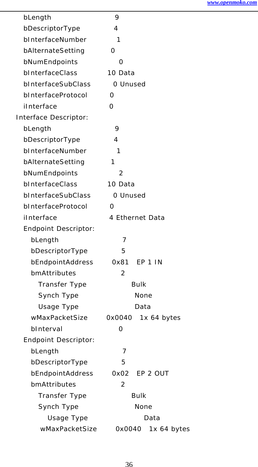 www.openmoko.com 36       bLength                 9       bDescriptorType         4       bInterfaceNumber        1       bAlternateSetting       0       bNumEndpoints           0       bInterfaceClass        10 Data       bInterfaceSubClass      0 Unused       bInterfaceProtocol      0        iInterface              0      Interface Descriptor:       bLength                 9       bDescriptorType         4       bInterfaceNumber        1       bAlternateSetting       1       bNumEndpoints           2       bInterfaceClass        10 Data       bInterfaceSubClass      0 Unused       bInterfaceProtocol      0        iInterface              4 Ethernet Data       Endpoint Descriptor:         bLength                 7         bDescriptorType         5         bEndpointAddress     0x81  EP 1 IN         bmAttributes            2           Transfer Type            Bulk           Synch Type               None           Usage Type               Data         wMaxPacketSize     0x0040  1x 64 bytes         bInterval               0       Endpoint Descriptor:         bLength                 7         bDescriptorType         5         bEndpointAddress     0x02  EP 2 OUT         bmAttributes            2           Transfer Type            Bulk           Synch Type               None           Usage Type               Data         wMaxPacketSize     0x0040  1x 64 bytes 