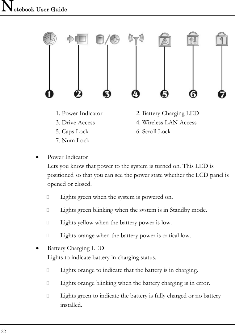 Notebook User Guide 22   1. Power Indicator      2. Battery Charging LED    3. Drive Access  4. Wireless LAN Access 5. Caps Lock  6. Scroll Lock 7. Num Lock • Power Indicator  Lets you know that power to the system is turned on. This LED is positioned so that you can see the power state whether the LCD panel is opened or closed.  Lights green when the system is powered on.  Lights green blinking when the system is in Standby mode.  Lights yellow when the battery power is low.  Lights orange when the battery power is critical low. • Battery Charging LED Lights to indicate battery in charging status.  Lights orange to indicate that the battery is in charging.  Lights orange blinking when the battery charging is in error.  Lights green to indicate the battery is fully charged or no battery installed. 