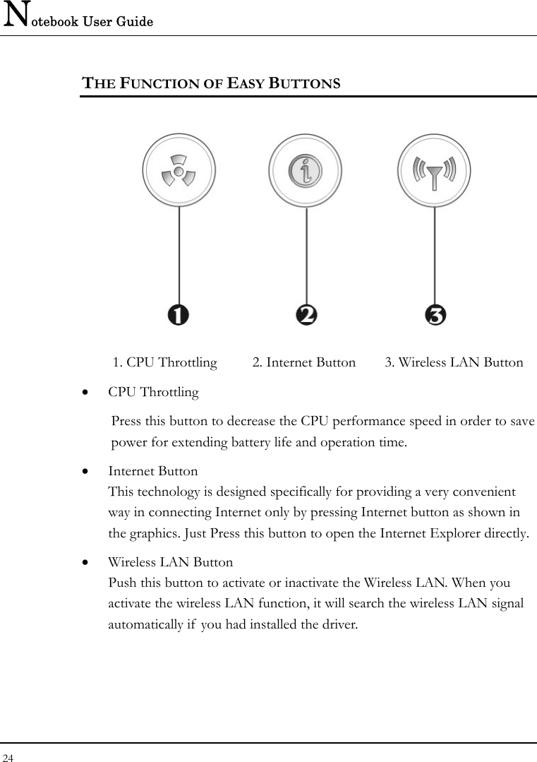 Notebook User Guide 24  THE FUNCTION OF EASY BUTTONS   1. CPU Throttling  2. Internet Button  3. Wireless LAN Button    • CPU Throttling Press this button to decrease the CPU performance speed in order to save power for extending battery life and operation time. • Internet Button This technology is designed specifically for providing a very convenient way in connecting Internet only by pressing Internet button as shown in the graphics. Just Press this button to open the Internet Explorer directly.   • Wireless LAN Button Push this button to activate or inactivate the Wireless LAN. When you activate the wireless LAN function, it will search the wireless LAN signal automatically if  you had installed the driver. 