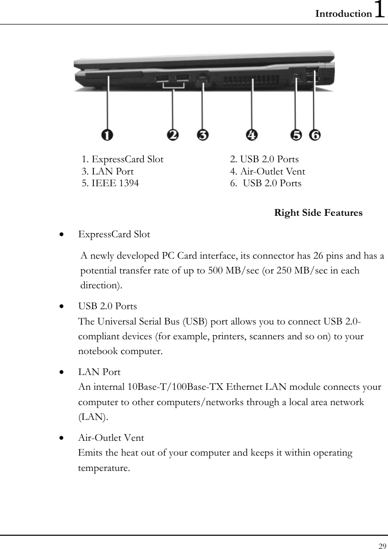 Introduction1 29   1. ExpressCard Slot  2. USB 2.0 Ports   3. LAN Port   4. Air-Outlet Vent   5. IEEE 1394  6.  USB 2.0 Ports  Right Side Features • ExpressCard Slot A newly developed PC Card interface, its connector has 26 pins and has a potential transfer rate of up to 500 MB/sec (or 250 MB/sec in each direction). • USB 2.0 Ports  The Universal Serial Bus (USB) port allows you to connect USB 2.0-compliant devices (for example, printers, scanners and so on) to your notebook computer. • LAN Port An internal 10Base-T/100Base-TX Ethernet LAN module connects your computer to other computers/networks through a local area network (LAN). • Air-Outlet Vent Emits the heat out of your computer and keeps it within operating temperature. 