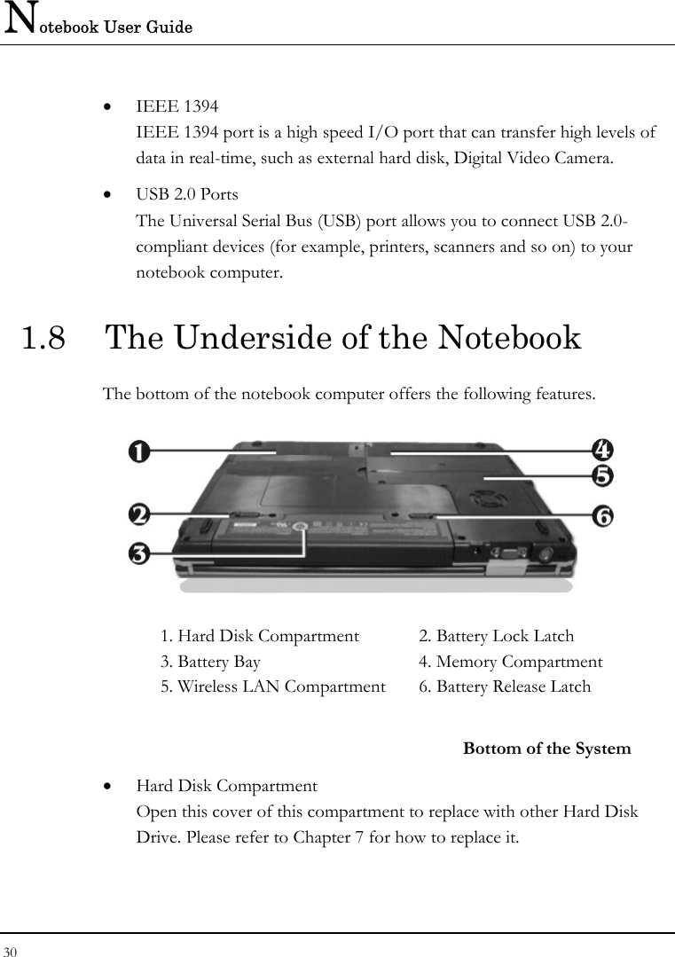 Notebook User Guide 30  • IEEE 1394  IEEE 1394 port is a high speed I/O port that can transfer high levels of data in real-time, such as external hard disk, Digital Video Camera.  • USB 2.0 Ports  The Universal Serial Bus (USB) port allows you to connect USB 2.0-compliant devices (for example, printers, scanners and so on) to your notebook computer. 1.8  The Underside of the Notebook The bottom of the notebook computer offers the following features.  1. Hard Disk Compartment  2. Battery Lock Latch 3. Battery Bay  4. Memory Compartment 5. Wireless LAN Compartment  6. Battery Release Latch   Bottom of the System • Hard Disk Compartment Open this cover of this compartment to replace with other Hard Disk Drive. Please refer to Chapter 7 for how to replace it. 