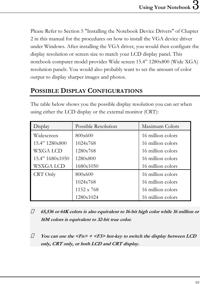 Using Your Notebook 3 59  Please Refer to Section 5 &quot;Installing the Notebook Device Drivers&quot; of Chapter 2 in this manual for the procedures on how to install the VGA device driver under Windows. After installing the VGA driver, you would then configure the display resolution or screen size to match your LCD display panel. This notebook computer model provides Wide screen 15.4” 1280x800 (Wide XGA) resolution panels. You would also probably want to set the amount of color output to display sharper images and photos. POSSIBLE DISPLAY CONFIGURATIONS The table below shows you the possible display resolution you can set when using either the LCD display or the external monitor (CRT):  Display  Possible Resolution  Maximum Colors Widescreen 15.4” 1280x800 WXGA LCD 15.4” 1680x1050 WSXGA LCD 800x600 1024x768 1280x768 1280x800 1680x1050 16 million colors    16 million colors  16 million colors 16 million colors 16 million colors CRT Only  800x600 1024x768 1152 x 768 1280x1024 16 million colors 16 million colors 16 million colors 16 million colors  65,536 or 64K colors is also equivalent to 16-bit high color while 16 million or 16M colors is equivalent to 32-bit true color.  You can use the &lt;Fn&gt; + &lt;F3&gt; hot-key to switch the display between LCD only, CRT only, or both LCD and CRT display. 