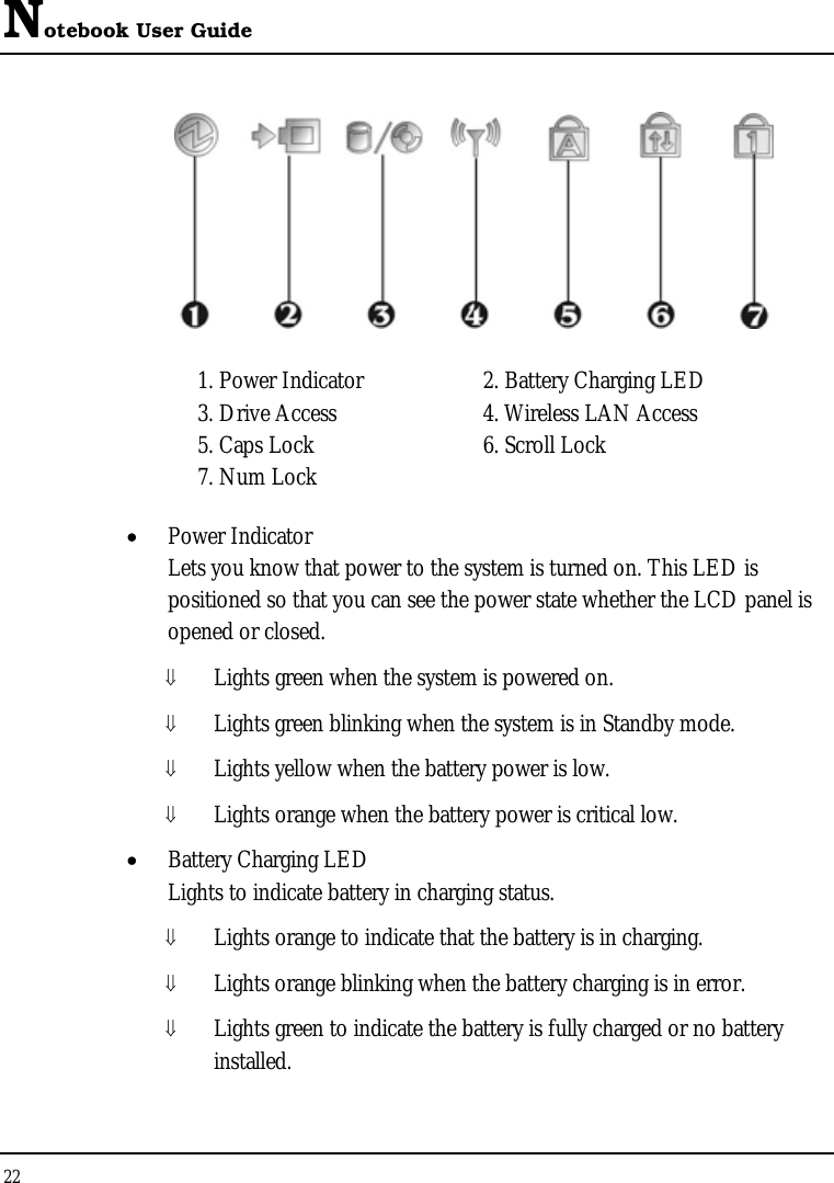 Notebook User Guide 22   1. Power Indicator      2. Battery Charging LED    3. Drive Access  4. Wireless LAN Access 5. Caps Lock  6. Scroll Lock 7. Num Lock • Power Indicator  Lets you know that power to the system is turned on. This LED is positioned so that you can see the power state whether the LCD panel is opened or closed. ⇓ Lights green when the system is powered on. ⇓ Lights green blinking when the system is in Standby mode. ⇓ Lights yellow when the battery power is low. ⇓ Lights orange when the battery power is critical low. • Battery Charging LED Lights to indicate battery in charging status. ⇓ Lights orange to indicate that the battery is in charging. ⇓ Lights orange blinking when the battery charging is in error. ⇓ Lights green to indicate the battery is fully charged or no battery installed. 