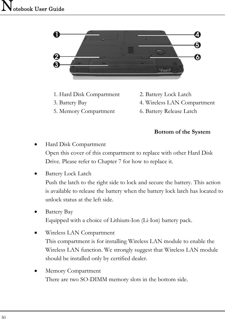 Notebook User Guide 30   1. Hard Disk Compartment  2. Battery Lock Latch 3. Battery Bay  4. Wireless LAN Compartment 5. Memory Compartment   6. Battery Release Latch   Bottom of the System • Hard Disk Compartment Open this cover of this compartment to replace with other Hard Disk Drive. Please refer to Chapter 7 for how to replace it. • Battery Lock Latch Push the latch to the right side to lock and secure the battery. This action is available to release the battery when the battery lock latch has located to unlock status at the left side. • Battery Bay Equipped with a choice of Lithium-Ion (Li-Ion) battery pack.  • Wireless LAN Compartment This compartment is for installing Wireless LAN module to enable the Wireless LAN function. We strongly suggest that Wireless LAN module should be installed only by certified dealer. • Memory Compartment There are two SO-DIMM memory slots in the bottom side.  