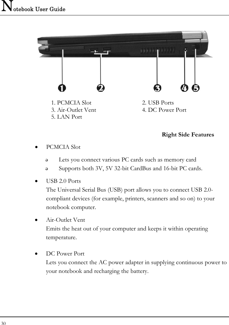 Notebook User Guide 30   1. PCMCIA Slot  2. USB Ports 3. Air-Outlet Vent  4. DC Power Port 5. LAN Port    Right Side Features • PCMCIA Slot  Lets you connect various PC cards such as memory card  Supports both 3V, 5V 32-bit CardBus and 16-bit PC cards. • USB 2.0 Ports  The Universal Serial Bus (USB) port allows you to connect USB 2.0-compliant devices (for example, printers, scanners and so on) to your notebook computer. • Air-Outlet Vent Emits the heat out of your computer and keeps it within operating temperature. • DC Power Port Lets you connect the AC power adapter in supplying continuous power to your notebook and recharging the battery. 