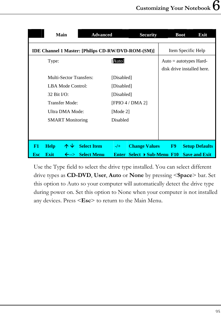 Customizing Your Notebook 6 95   Main  Advanced  Security  Boot  Exit IDE Channel 1 Master: [Philips CD-RW/DVD-ROM-(SM)] Item Specific Help  Type: [Auto]Auto = autotypes Hard-     disk drive installed here.  Multi-Sector Transfers:  [Disabled]     LBA Mode Control:  [Disabled]     32 Bit I/O:  [Disabled]     Transfer Mode:  [FPIO 4 / DMA 2]     Ultra DMA Mode:  [Mode 2]     SMART Monitoring   Disabled               F1  Help  Ç È Select Item   -/+  Change Values  F9  Setup Defaults Esc  Exit  Å--&gt; Select Menu  Enter Select Sub-Menu F10 Save and Exit Use the Type field to select the drive type installed. You can select different drive types as CD-DVD, User, Auto or None by pressing &lt;Space&gt; bar. Set this option to Auto so your computer will automatically detect the drive type during power on. Set this option to None when your computer is not installed any devices. Press &lt;Esc&gt; to return to the Main Menu. 