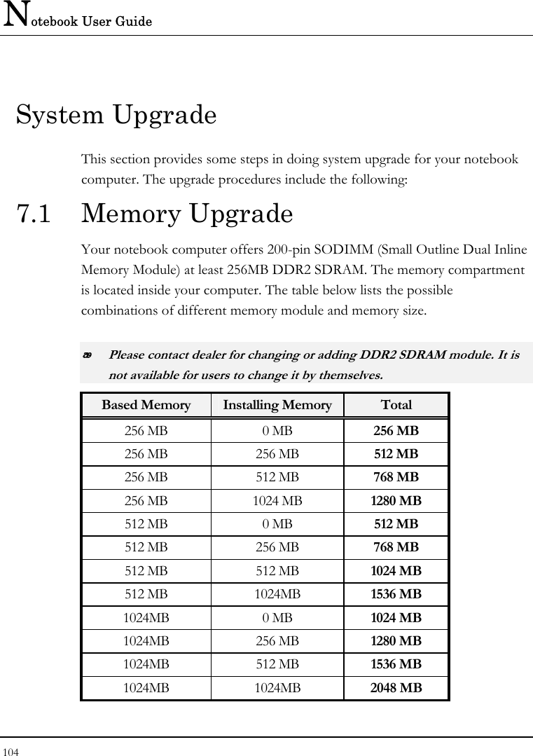Notebook User Guide 104  System Upgrade This section provides some steps in doing system upgrade for your notebook computer. The upgrade procedures include the following: 7.1 Memory Upgrade Your notebook computer offers 200-pin SODIMM (Small Outline Dual Inline Memory Module) at least 256MB DDR2 SDRAM. The memory compartment is located inside your computer. The table below lists the possible combinations of different memory module and memory size.  Please contact dealer for changing or adding DDR2 SDRAM module. It is not available for users to change it by themselves. Based Memory  Installing Memory Total 256 MB  0 MB  256 MB 256 MB  256 MB  512 MB 256 MB  512 MB  768 MB 256 MB  1024 MB  1280 MB 512 MB  0 MB  512 MB 512 MB  256 MB  768 MB 512 MB  512 MB  1024 MB 512 MB  1024MB  1536 MB 1024MB 0 MB 1024 MB 1024MB 256 MB 1280 MB 1024MB 512 MB 1536 MB 1024MB 1024MB 2048 MB 