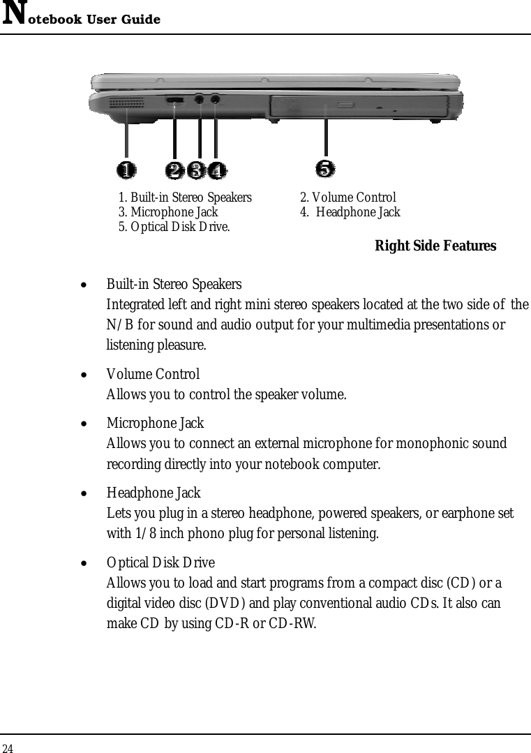 Notebook User Guide 24   1. Built-in Stereo Speakers  2. Volume Control 3. Microphone Jack  4.  Headphone Jack 5. Optical Disk Drive.  Right Side Features •  Built-in Stereo Speakers Integrated left and right mini stereo speakers located at the two side of the N/B for sound and audio output for your multimedia presentations or listening pleasure. •  Volume Control Allows you to control the speaker volume. •  Microphone Jack Allows you to connect an external microphone for monophonic sound recording directly into your notebook computer. •  Headphone Jack Lets you plug in a stereo headphone, powered speakers, or earphone set with 1/8 inch phono plug for personal listening. •  Optical Disk Drive Allows you to load and start programs from a compact disc (CD) or a digital video disc (DVD) and play conventional audio CDs. It also can make CD by using CD-R or CD-RW. 