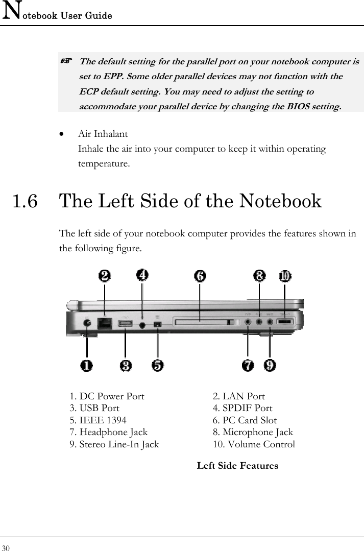 Notebook User Guide 30  ☞ The default setting for the parallel port on your notebook computer is set to EPP. Some older parallel devices may not function with the ECP default setting. You may need to adjust the setting to accommodate your parallel device by changing the BIOS setting. • Air Inhalant Inhale the air into your computer to keep it within operating temperature. 1.6  The Left Side of the Notebook The left side of your notebook computer provides the features shown in the following figure.   1. DC Power Port  2. LAN Port 3. USB Port  4. SPDIF Port 5. IEEE 1394  6. PC Card Slot 7. Headphone Jack  8. Microphone Jack 9. Stereo Line-In Jack  10. Volume Control Left Side Features 