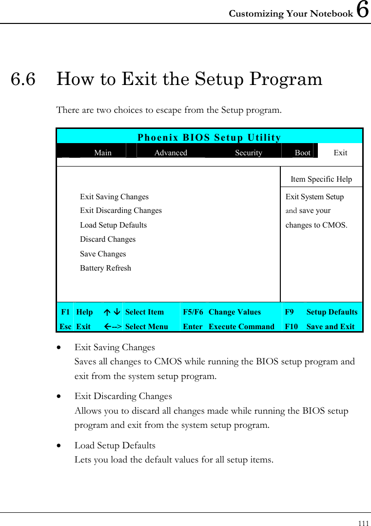 Customizing Your Notebook 6 111  6.6  How to Exit the Setup Program There are two choices to escape from the Setup program.  Phoenix BIOS Setup Utility  Main  Advanced  Security  Boot Exit       Item Specific Help  Exit Saving Changes Exit System Setup   Exit Discarding Changes    and save your    Load Setup Defaults    changes to CMOS.  Discard Changes      Save Changes      Battery Refresh                 F1  Help  Ç ÈSelect Item  F5/F6  Change Values  F9  Setup Defaults Esc  Exit  Å--&gt; Select Menu  Enter  Execute Command  F10 Save and Exit • Exit Saving Changes Saves all changes to CMOS while running the BIOS setup program and exit from the system setup program. • Exit Discarding Changes Allows you to discard all changes made while running the BIOS setup program and exit from the system setup program. • Load Setup Defaults Lets you load the default values for all setup items. 
