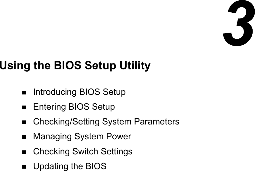  3Using the BIOS Setup Utility! Introducing BIOS Setup! Entering BIOS Setup! Checking/Setting System Parameters! Managing System Power! Checking Switch Settings! Updating the BIOS