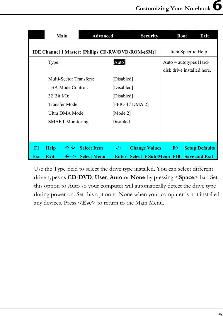 Customizing Your Notebook 6 95   Main  Advanced  Security  Boot  Exit IDE Channel 1 Master: [Philips CD-RW/DVD-ROM-(SM)] Item Specific Help  Type: [Auto]Auto = autotypes Hard-     disk drive installed here.  Multi-Sector Transfers:  [Disabled]     LBA Mode Control:  [Disabled]     32 Bit I/O:  [Disabled]     Transfer Mode:  [FPIO 4 / DMA 2]     Ultra DMA Mode:  [Mode 2]     SMART Monitoring   Disabled               F1  Help  Ç È Select Item   -/+  Change Values  F9  Setup Defaults Esc  Exit  Å--&gt; Select Menu  Enter Select Sub-Menu F10 Save and Exit Use the Type field to select the drive type installed. You can select different drive types as CD-DVD, User, Auto or None by pressing &lt;Space&gt; bar. Set this option to Auto so your computer will automatically detect the drive type during power on. Set this option to None when your computer is not installed any devices. Press &lt;Esc&gt; to return to the Main Menu. 