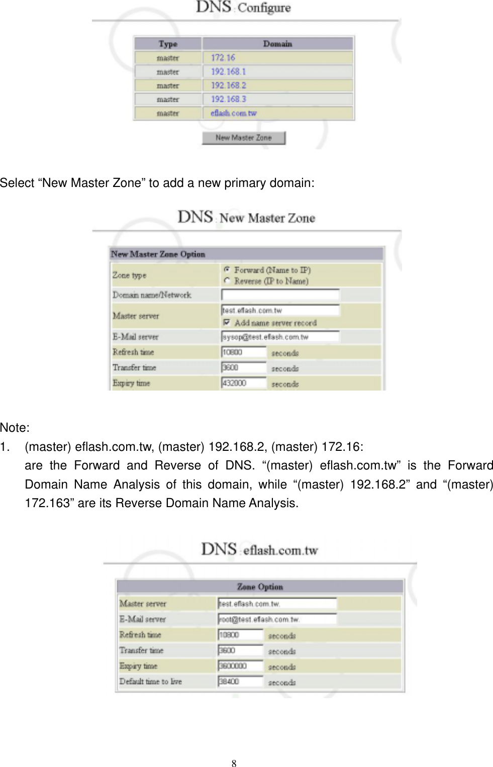  8  Select “New Master Zone” to add a new primary domain:   Note: 1.  (master) eflash.com.tw, (master) 192.168.2, (master) 172.16: are the Forward and Reverse of DNS. “(master) eflash.com.tw” is the Forward Domain Name Analysis of this domain, while “(master) 192.168.2” and “(master) 172.163” are its Reverse Domain Name Analysis.  